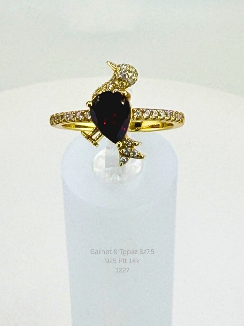 Natural Garnet & White Topaz Bird Ring Size 7.5 Sterling Silver 14K Gold Plated
